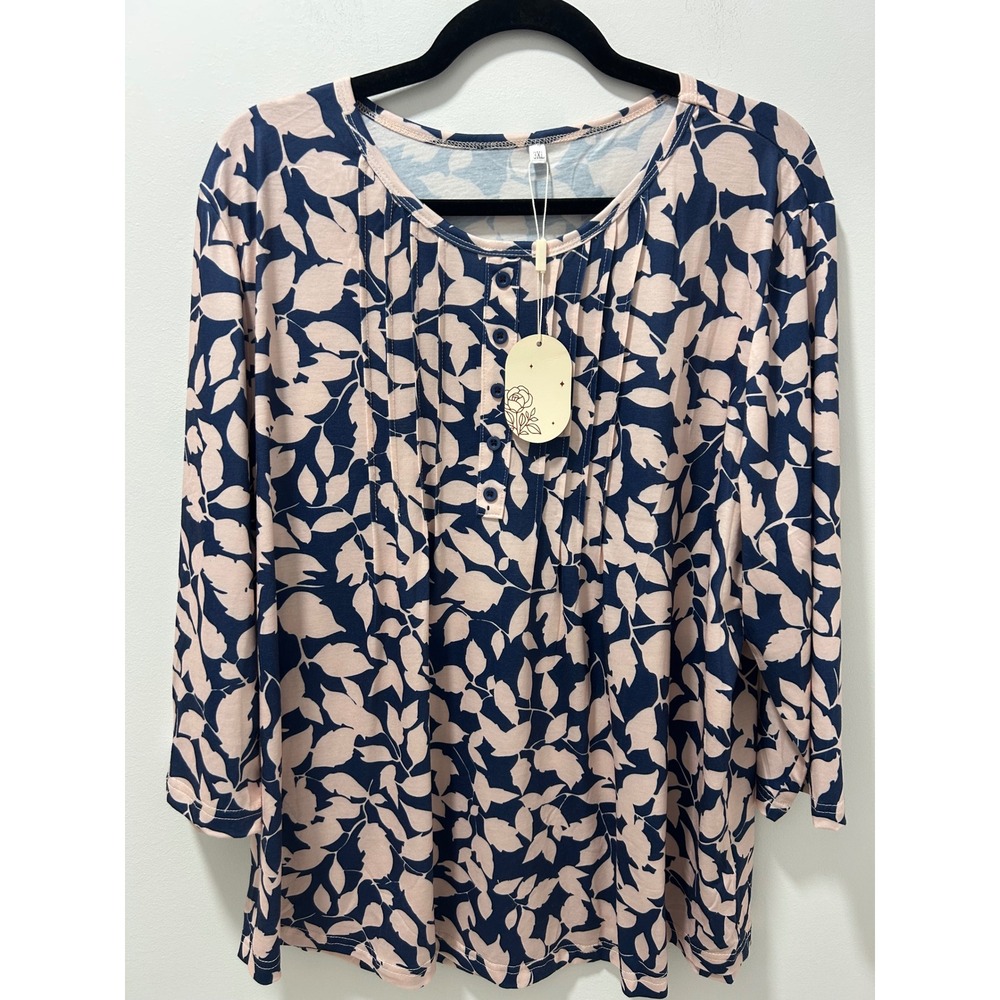 New with tag Navy Pink Leaf Print Pintuck Henley Top 3/4 Sleeve 3XL